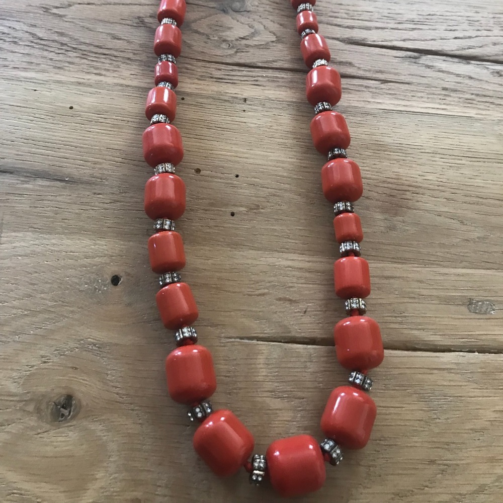 JCrew orange necklace with clear stones.